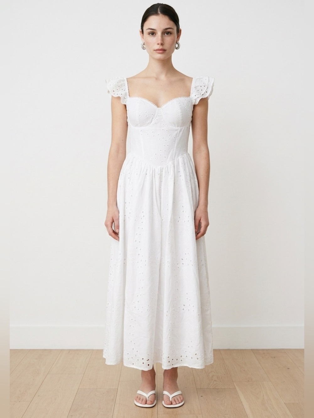 White Eyelet Midi Dress with Sweetheart Neckline